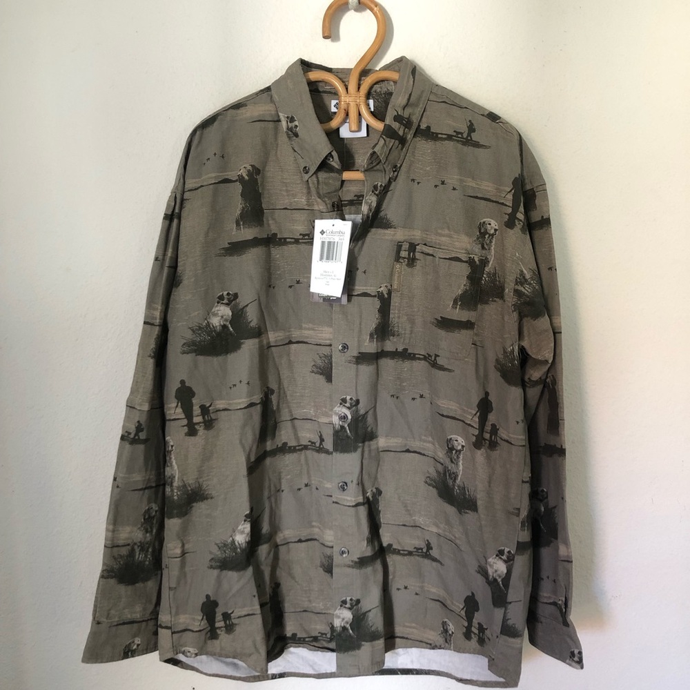 NWT Columbia Mens River Lodge Retreiver Shirt Large Bird Dogs Hunting Cotton